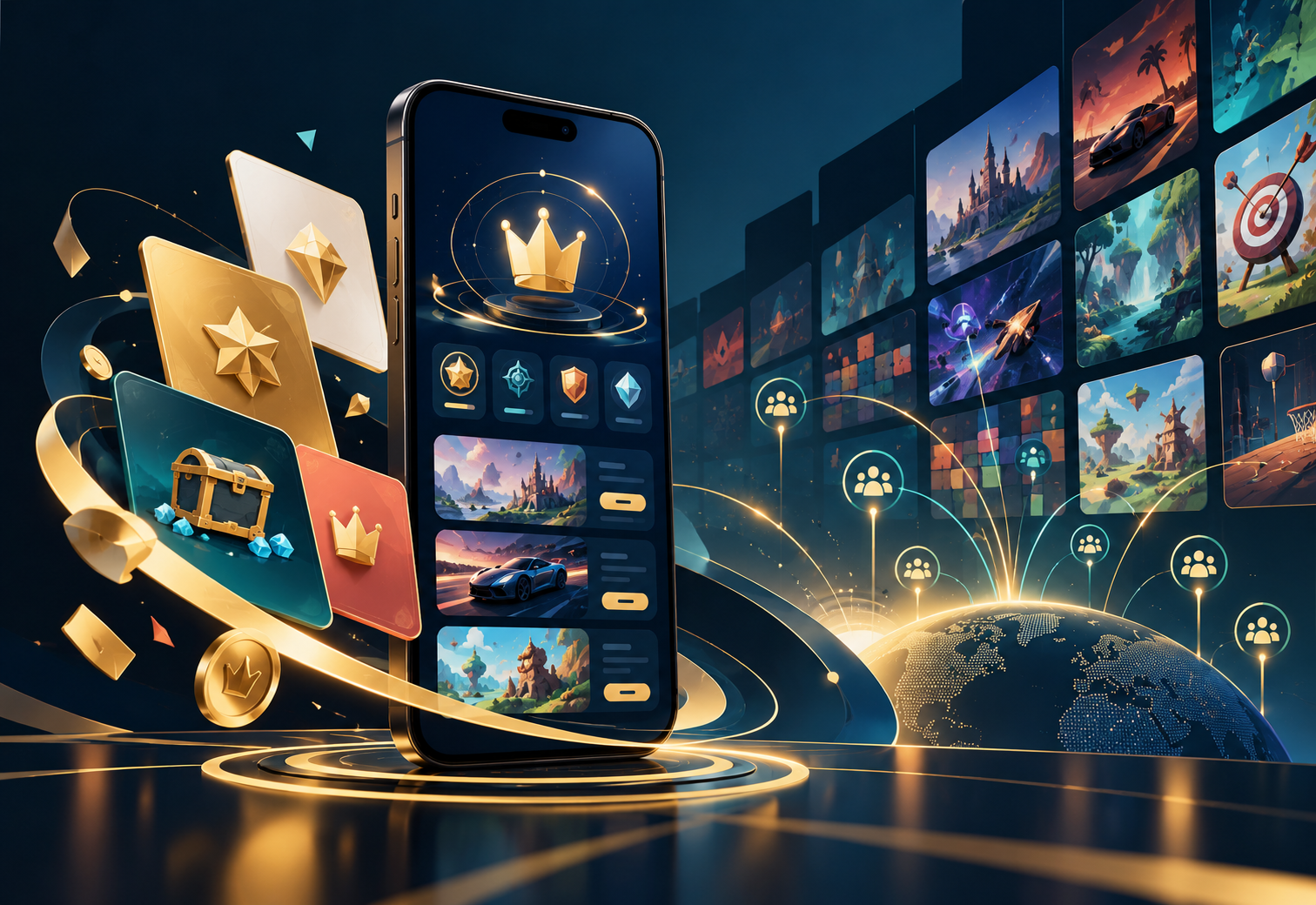 Abstract mobile game club ecosystem with rewards, game tiles and audience connections.